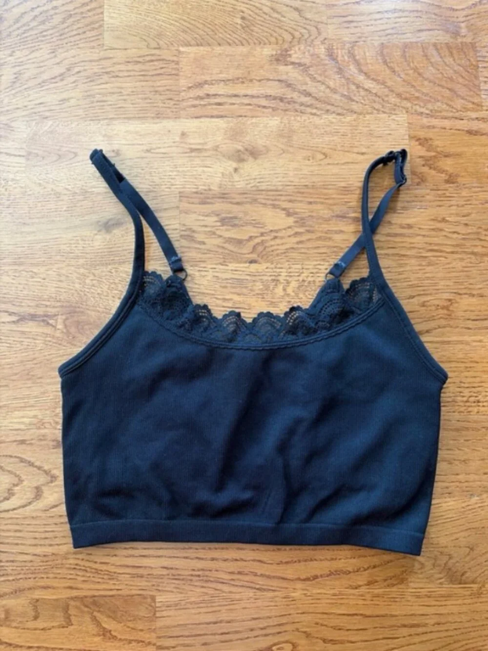 Aerie Bra Top Black Crop Ribbed Seamless Lace Trim Longline Real Me S Chill Cami